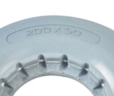 Close-up of an 8x2 (200x50) light gray solid urethane mobility tire with ribbed tread, showcasing its durable and flat-free design. Ideal for mobility scooters and power chairs.