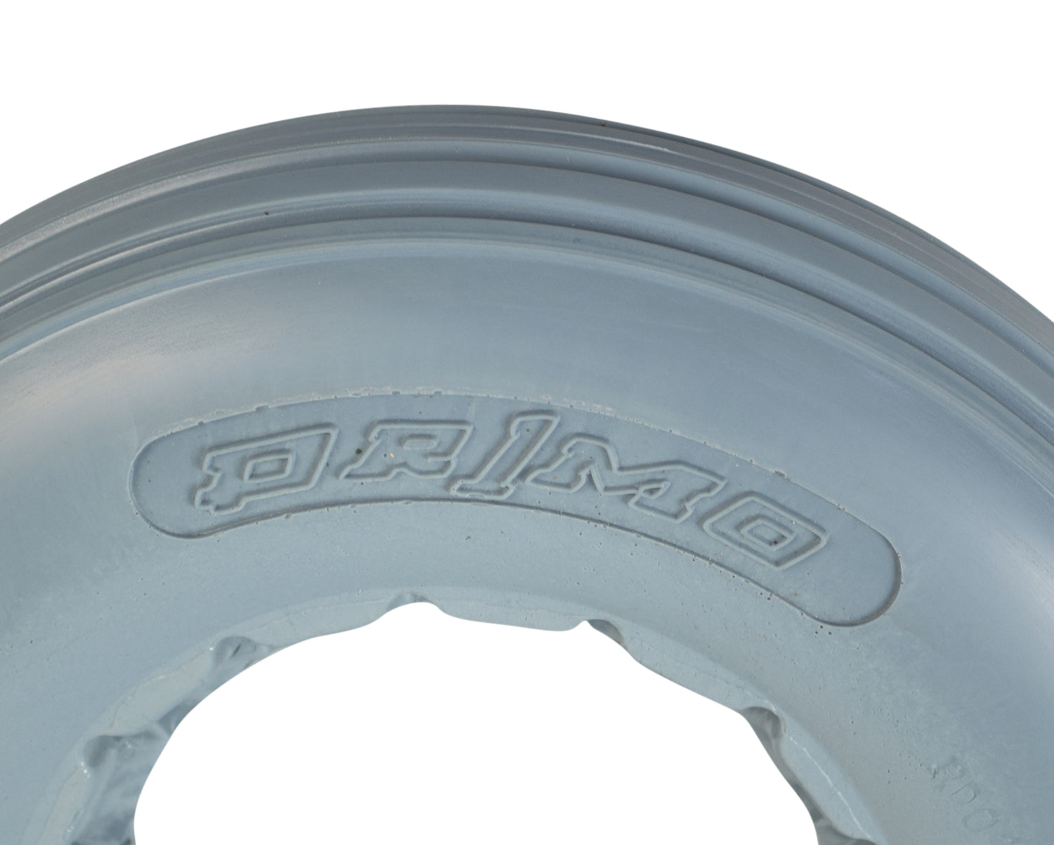 Close-up of the 8x2 (200x50) Light Gray Solid Urethane Mobility Tire with Ribbed Tread, highlighting its durable ribbed surface and solid construction ideal for mobility scooters and power chairs.