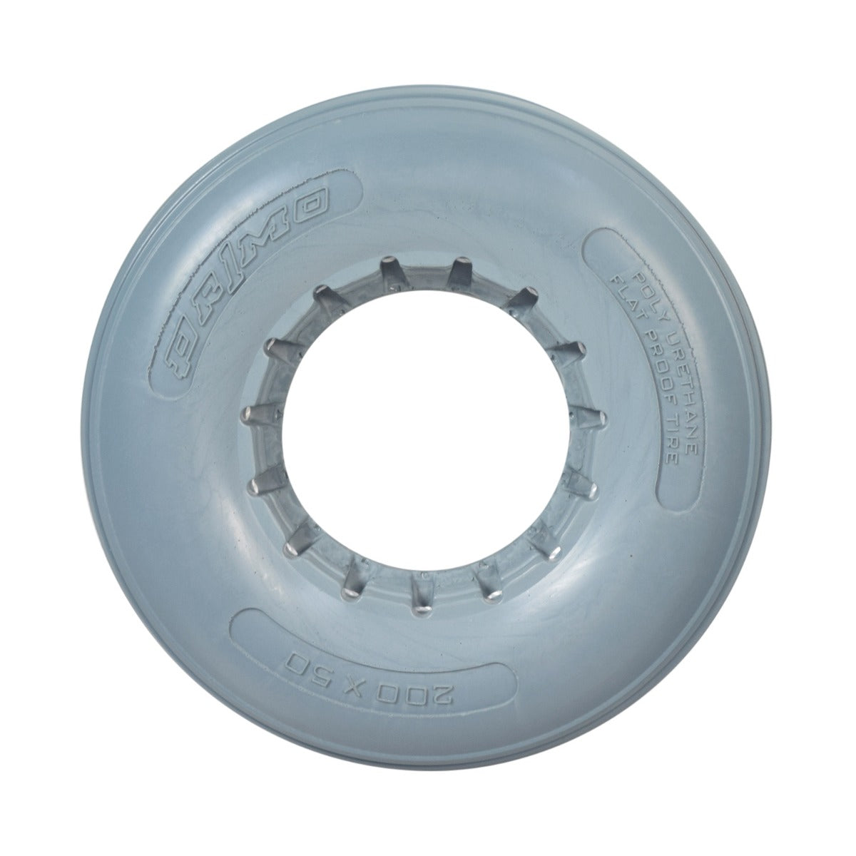 8x2 (200x50) Light Gray Solid Urethane Mobility Tire with Ribbed Tread, featuring a circular design with a central hole, perfect for mobility scooters and power chairs.