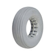 8x2-1/4 Light Gray Solid Urethane Mobility Tire with Ribbed Tread, featuring a central hole for two-piece wheel assembly, flat-free and latex-free design, ideal for indoor or outdoor mobility use.