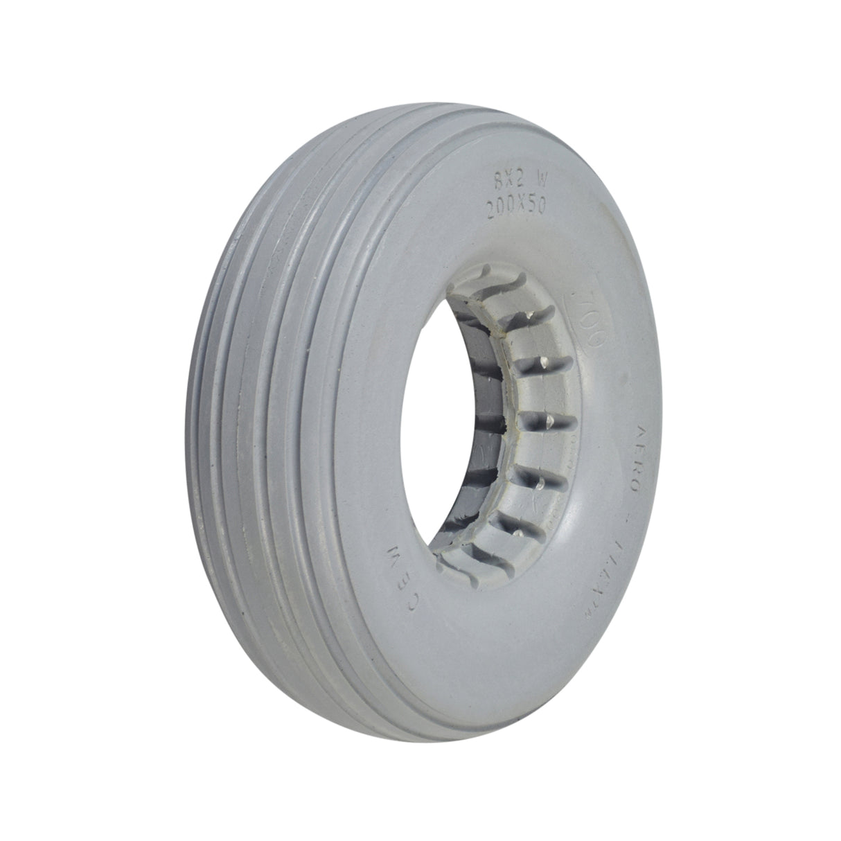 8x2-1/4 Light Gray Solid Urethane Mobility Tire with Ribbed Tread, featuring a central hole for two-piece wheel assembly, flat-free and latex-free design, ideal for indoor or outdoor mobility use.