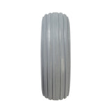 Close-up of the 8x2-1/4 Light Gray Solid Urethane Mobility Tire with Ribbed Tread, showing its durable, flat-free design suitable for two-piece wheel assemblies.