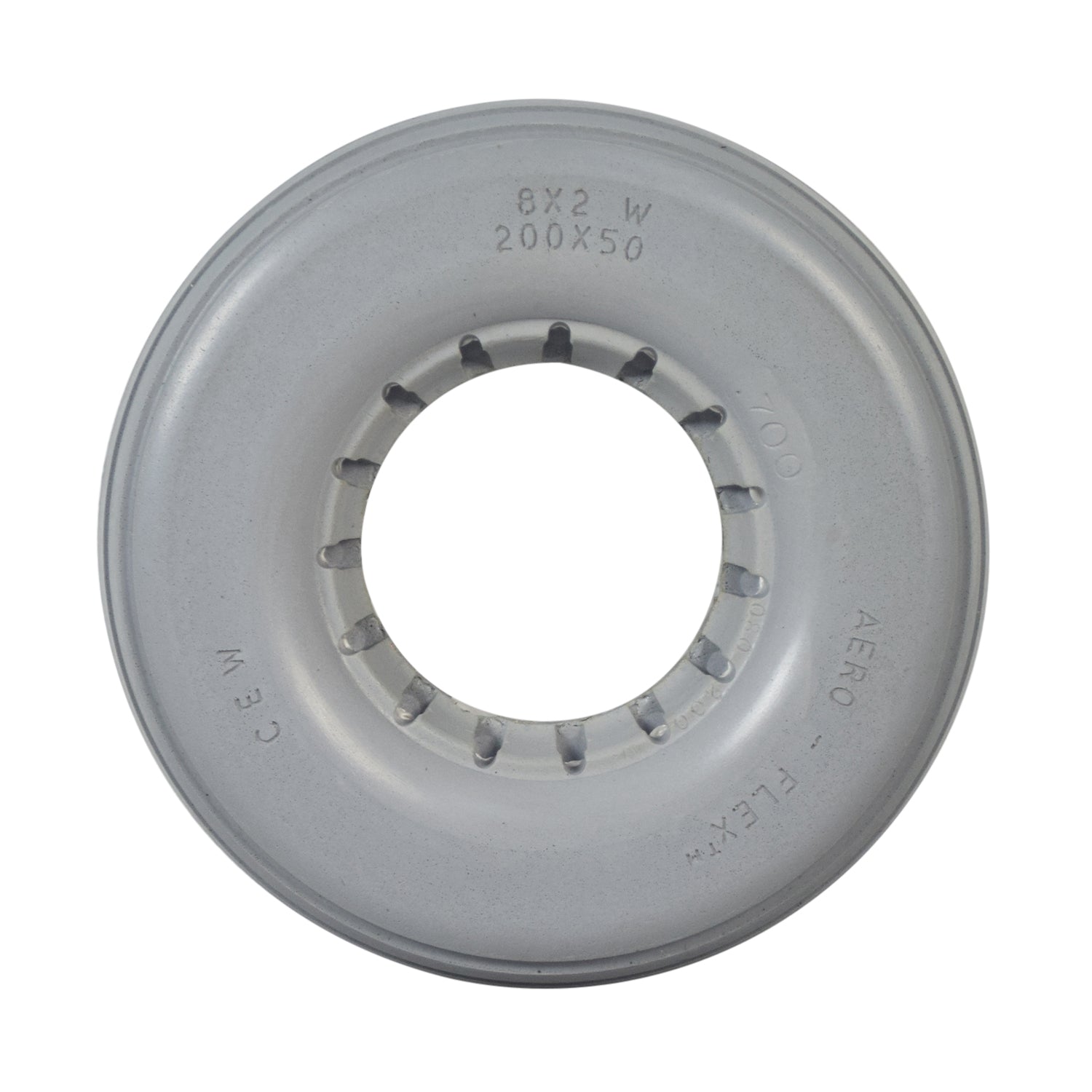 8x2-1/4 Light Gray Solid Urethane Mobility Tire with Ribbed Tread, circular with multiple holes and a central hole, ideal for two-piece wheel assembly, ensuring durability and flat-free performance.