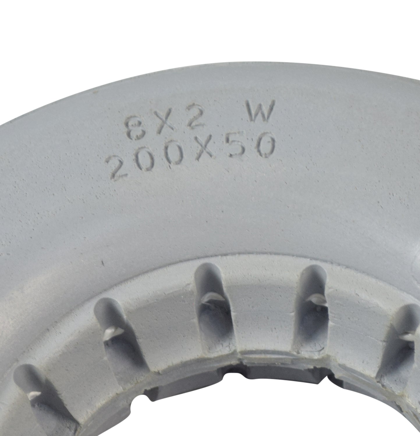 8x2-1/4 Light Gray Solid Urethane Mobility Tire with Ribbed Tread, close-up showing numbers and ribbed texture, designed for flat-free and latex-free performance.