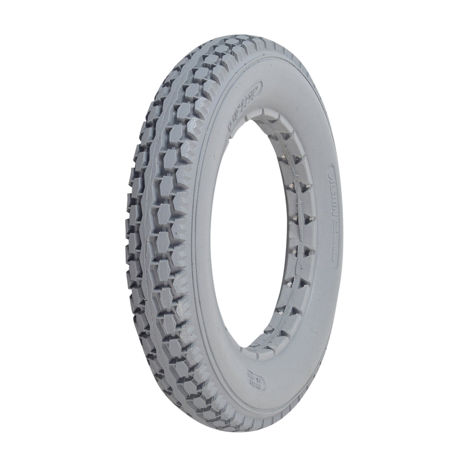 12-1/2x2-1/4 Light Gray Solid Urethane Mobility Tire with Knobby Tread, featuring a durable, flat-free design and rugged tread pattern for versatile indoor and outdoor use.