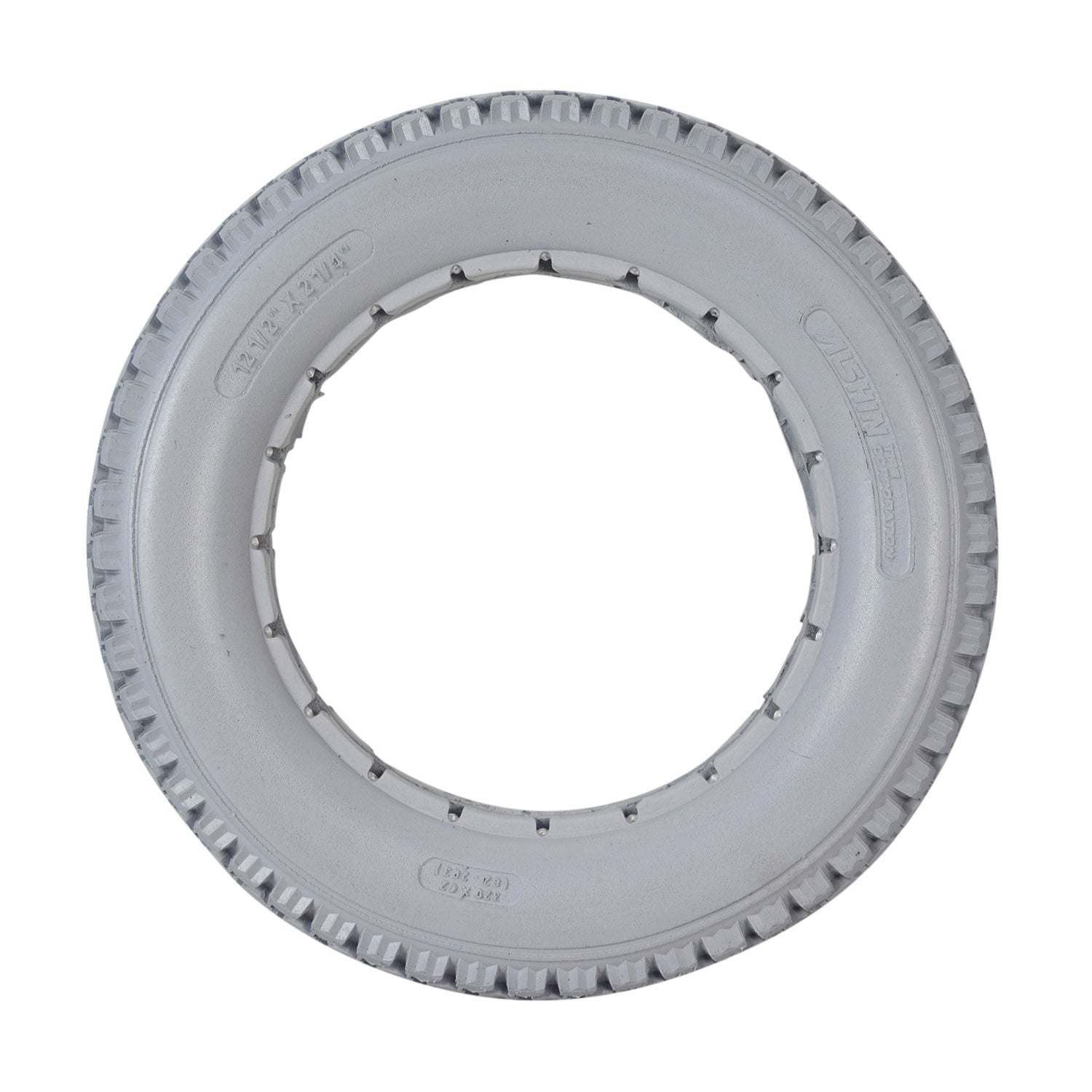 12-1/2x2-1/4 Light Gray Solid Urethane Mobility Tire with Knobby Tread, showing a white tire with a central hole, designed for flat-free indoor and outdoor use.