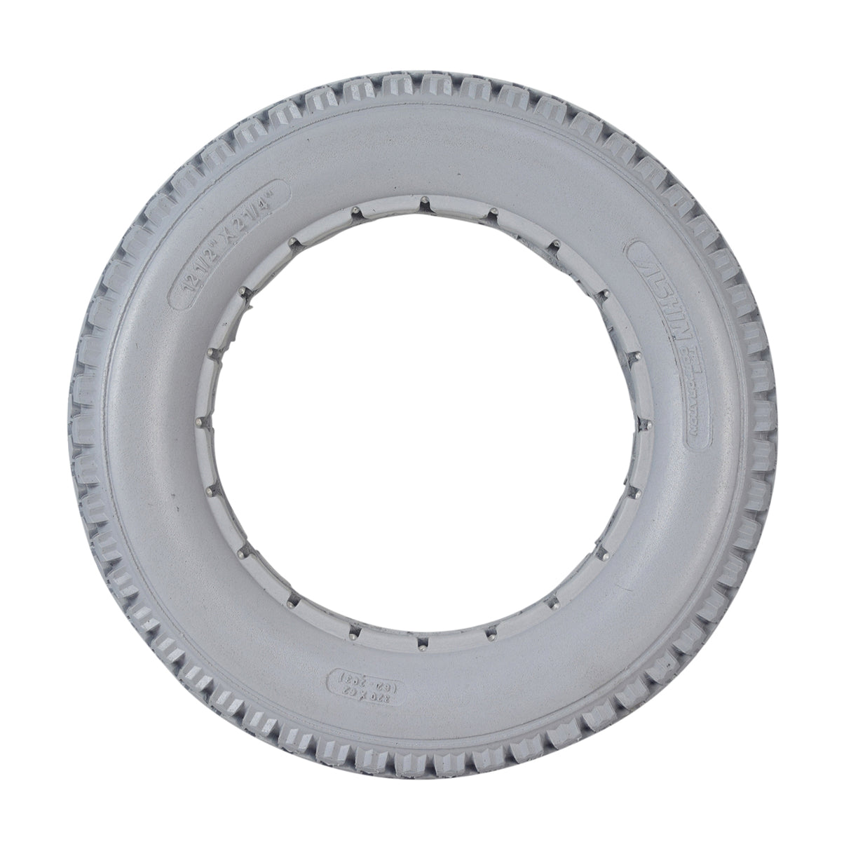 12-1/2x2-1/4 Light Gray Solid Urethane Mobility Tire with Knobby Tread, showing a white tire with a central hole, designed for flat-free indoor and outdoor use.