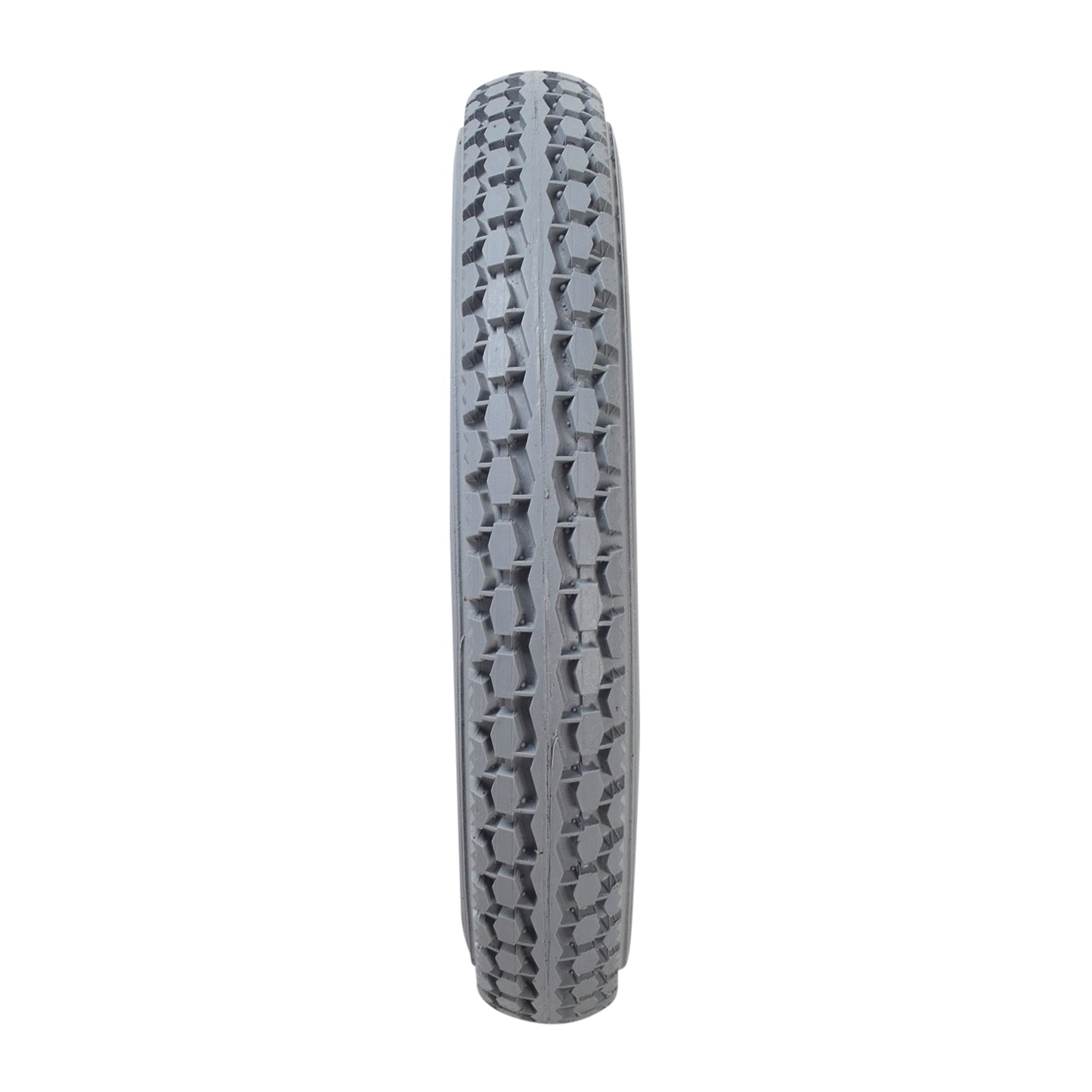 Close-up of the 12-1/2x2-1/4 Light Gray Solid Urethane Mobility Tire with Knobby Tread, showcasing its durable, flat-free design and detailed tread pattern for versatile indoor and outdoor use.