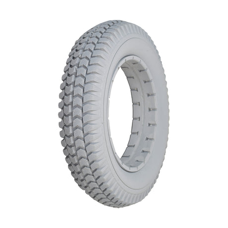 14x3 (3.00-8) Light Gray Solid Urethane Mobility Tire with Knobby Tread for Quickie Power Chairs, featuring a textured tread pattern and solid construction for durability and performance.