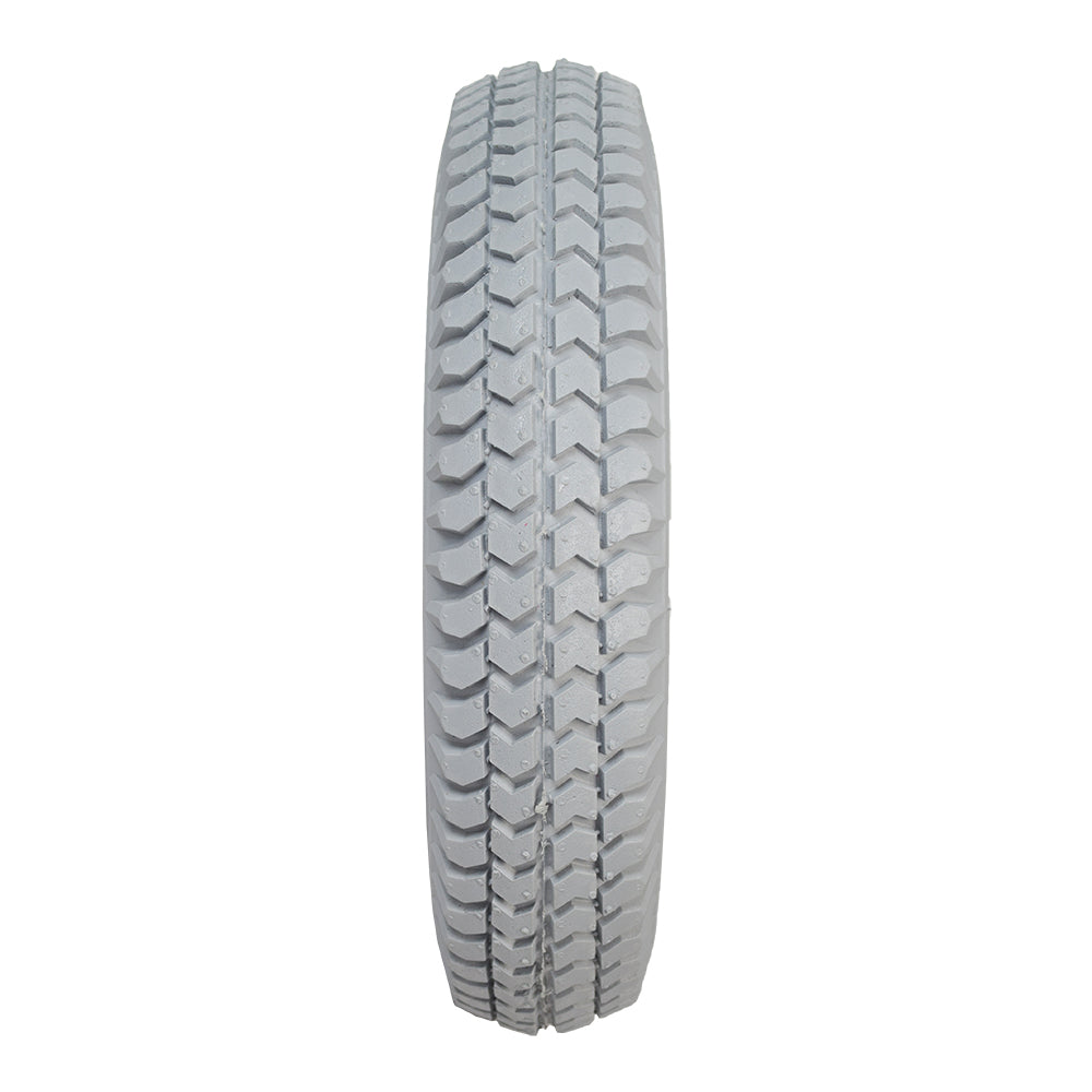 Close-up of the 14x3 (3.00-8) Light Gray Solid Urethane Mobility Tire with Knobby Tread, designed for Quickie power chairs, showcasing its durable synthetic rubber and detailed tread pattern.