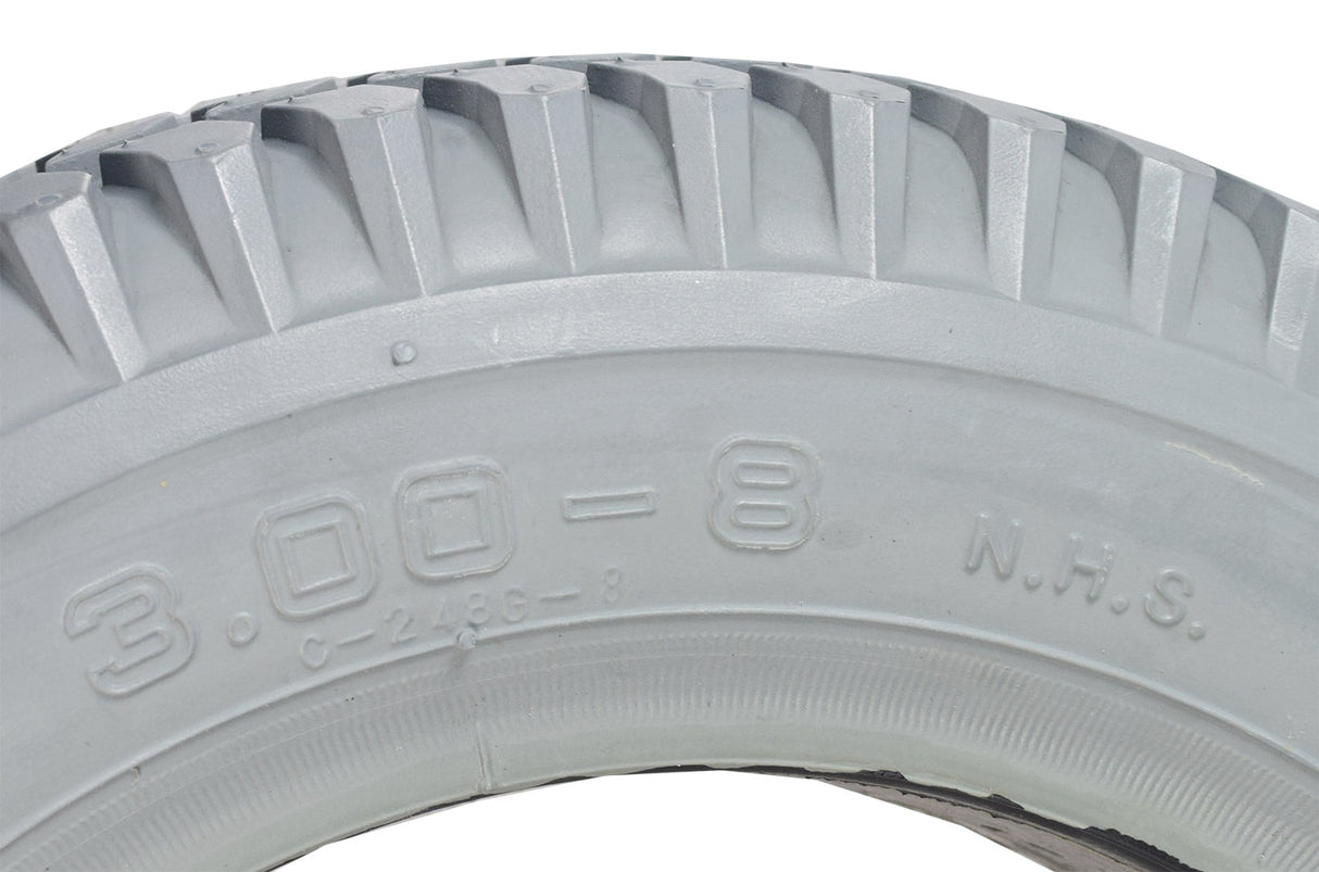 Close-up of a 14x3 (3.00-8) foam-filled mobility tire with smooth flush profile, 2.5 bead width, and Powertrax C248 Tread, highlighting tire's robust construction and Primo branding.