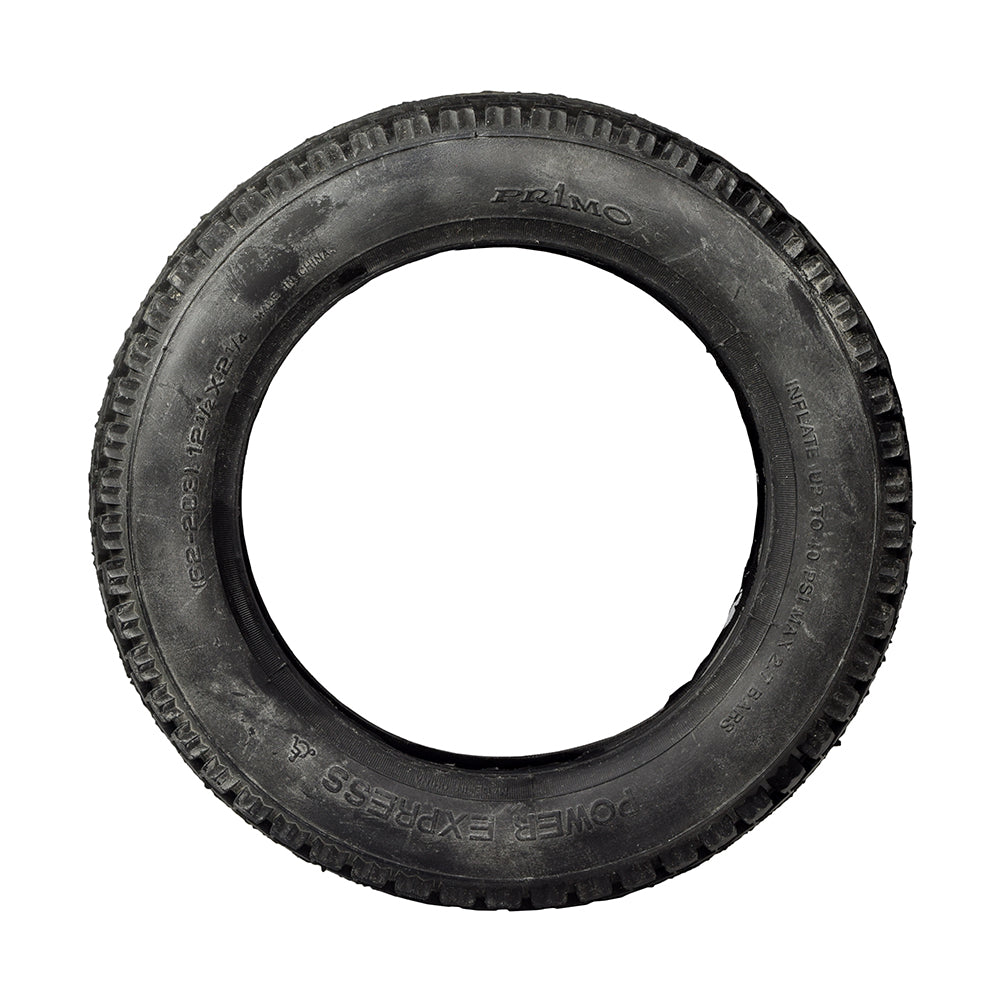 12-1/2x2-1/4 Black Pneumatic Mobility Tire with C628 Power Express Tread by Primo, featuring a knobby tread design, ideal for mobility scooters and power chairs.