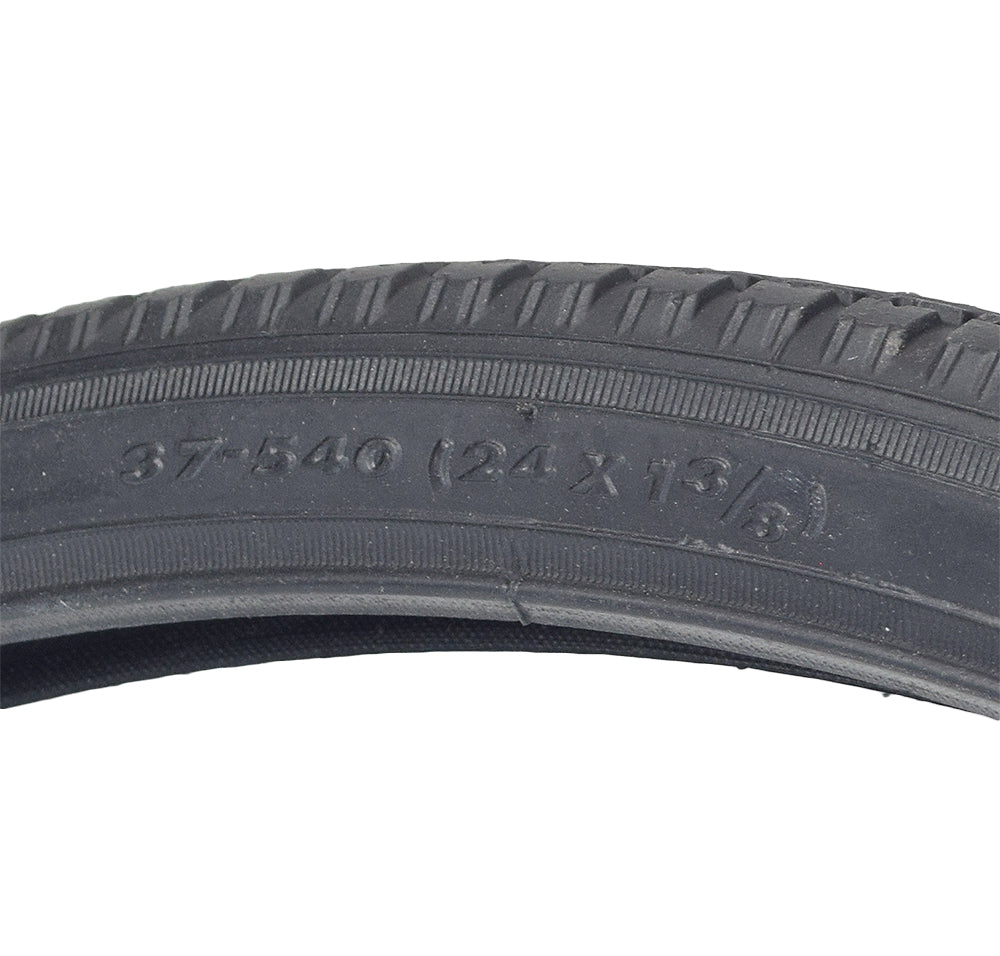 24x1-3/8 (37-540) Black Pneumatic Wheelchair Tire with C63 Tread; close-up shows detailed tread pattern and sidewall markings. Fits Merits and other wheelchairs, suitable for both indoor and outdoor use.