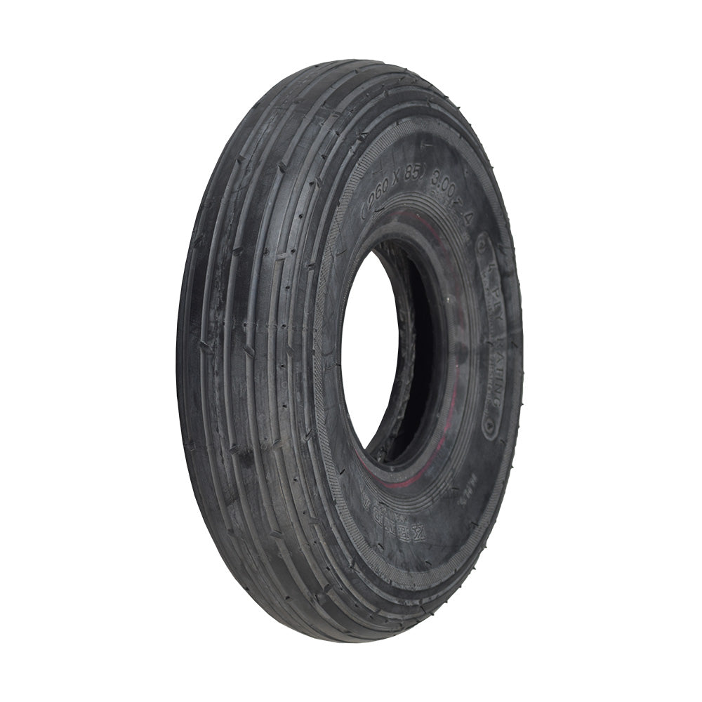 10x3 (3.00-4, 260x85) Pneumatic Mobility Tire with K301 Ribbed Tread, featuring a hole in the center, designed for mobility scooters and power chairs, made from non-marking rubber.