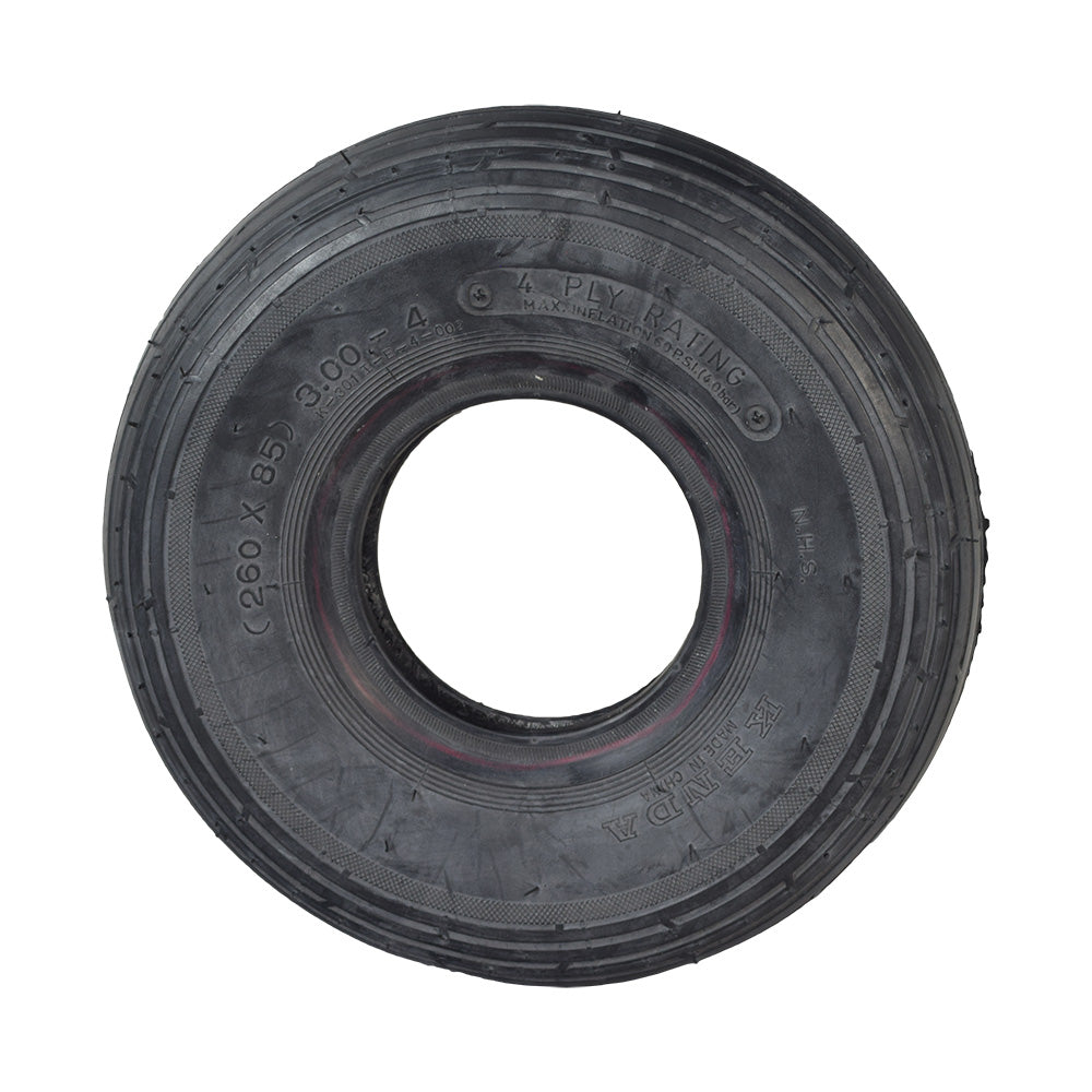 10x3 (3.00-4, 260x85) Pneumatic Mobility Tire with K301 Ribbed Tread, featuring a black exterior with a hole in the middle, suitable as a front tire for mobility scooters.