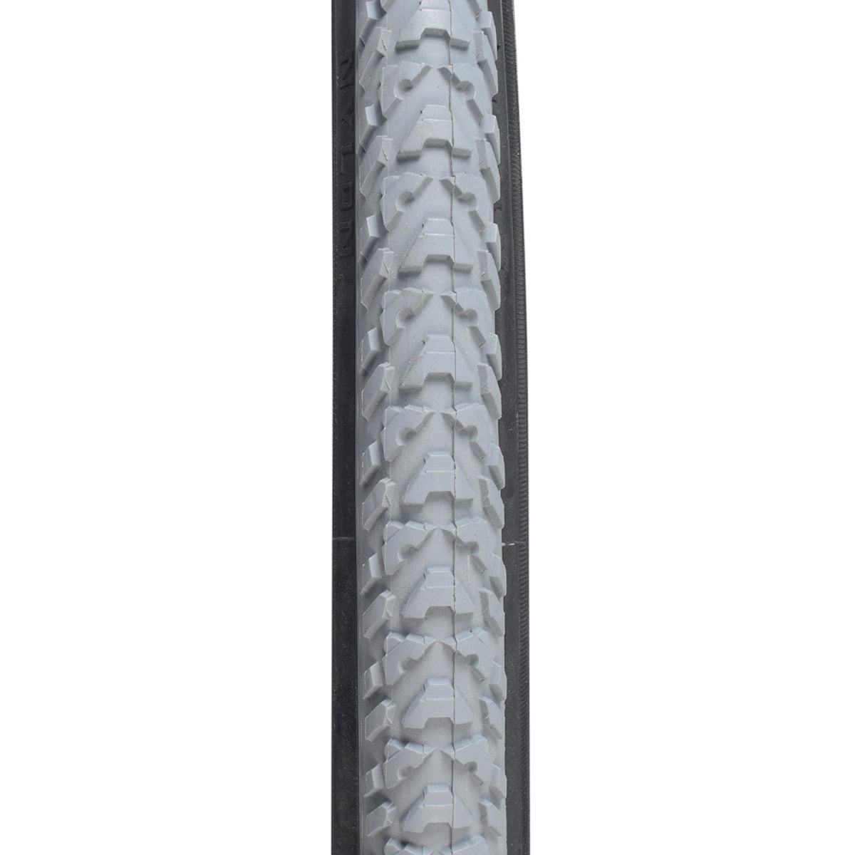 Close-up of the 24x1-3/8 Gray Pneumatic Wheelchair Tire with C763 Tread, showcasing its knobby tread pattern and durable rubber construction on a white background.