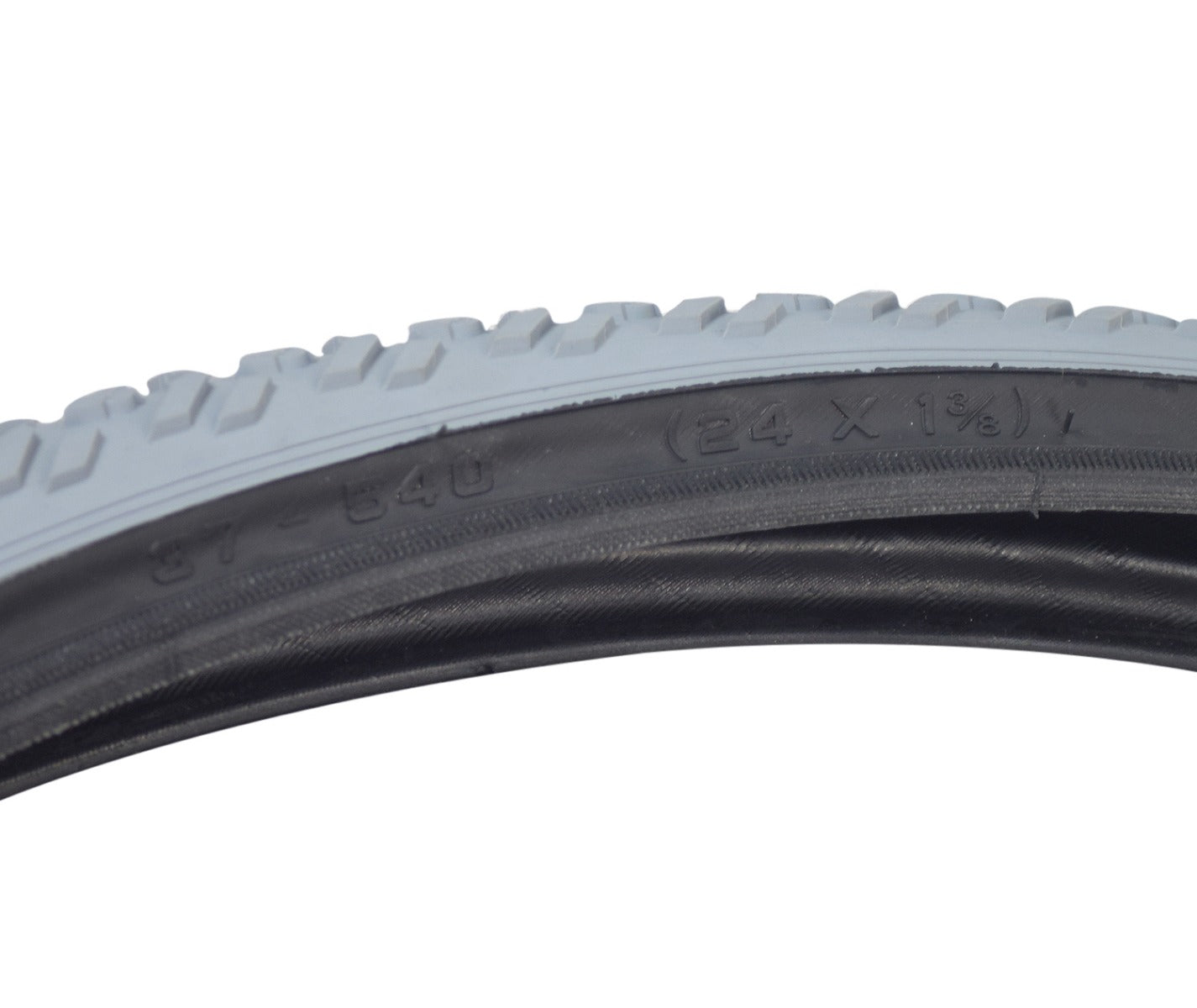 Close-up of the 24x1-3/8 Gray Pneumatic Wheelchair Tire with C763 Tread, showcasing its knobby tread pattern and durable non-marking gray rubber for versatile indoor and outdoor use.