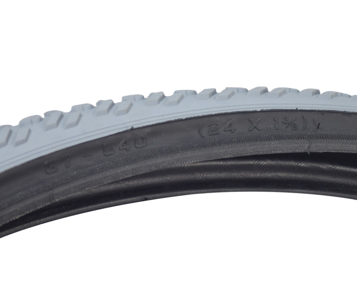 Close-up of the 24x1-3/8 Gray Pneumatic Wheelchair Tire with C763 Tread, showcasing its knobby tread pattern and durable non-marking gray rubber for versatile indoor and outdoor use.