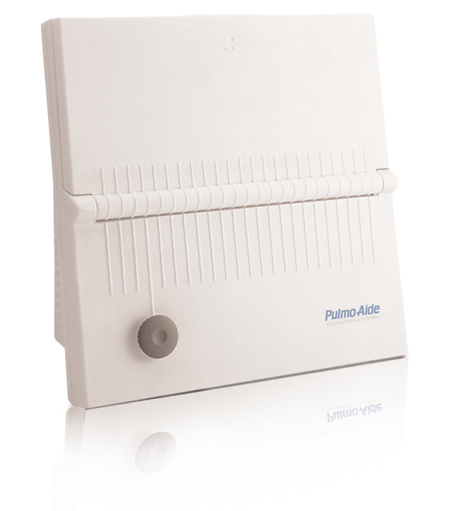 Drive Medical Pulmo-Aide Compressor Nebulizer System, featuring a prominent grey circle button on a white device, designed for durability with a built-in compartment and nebulizer holder.