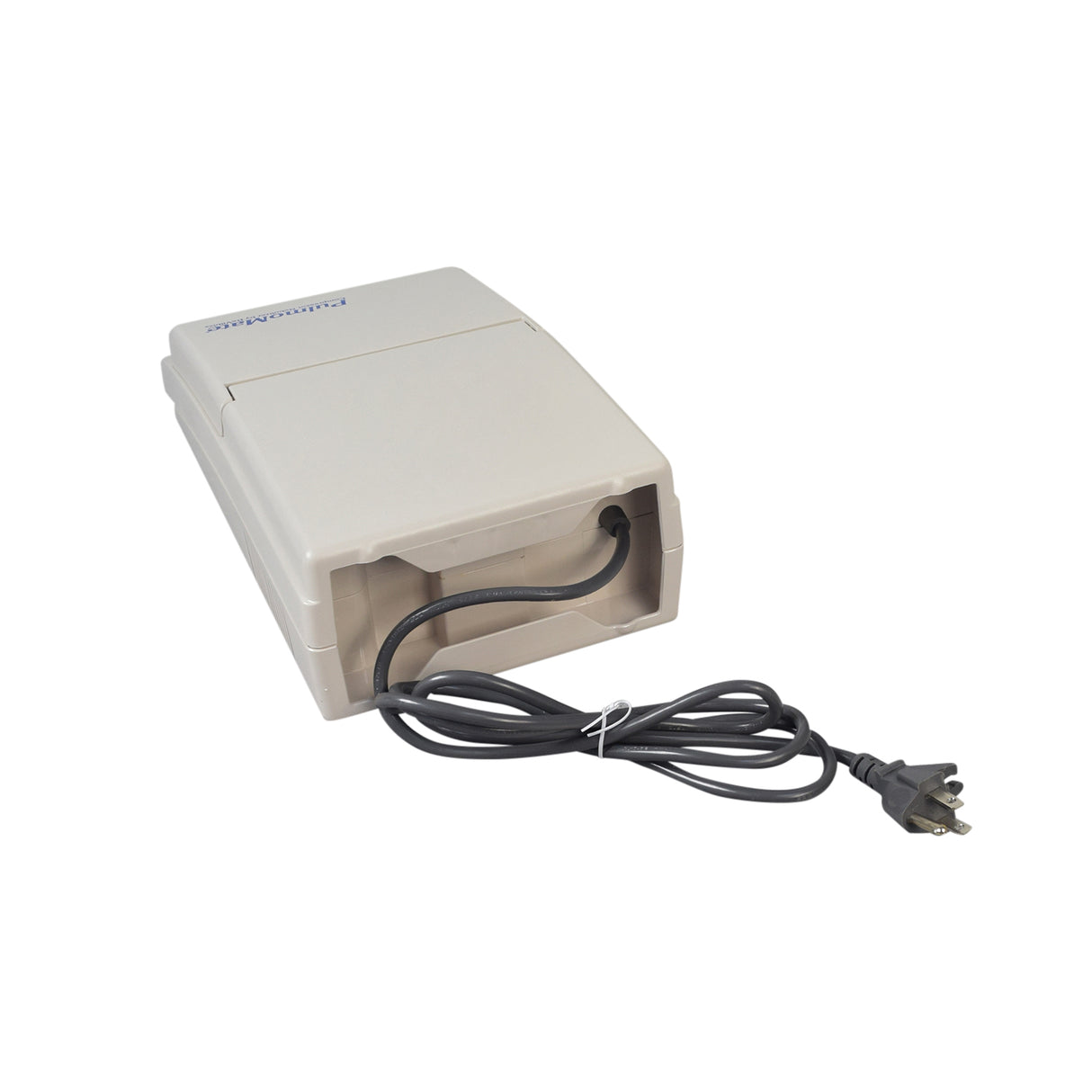 Drive Medical PulmoMate Compressor Nebulizer System featuring a white rectangular device with a black cord, designed for portability with an integrated handle and a built-in storage compartment for the nebulizer and tubing.