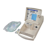 Drive Medical PulmoMate Compressor Nebulizer System with open lid, visible tubing, integrated handle, and built-in storage compartment for easy transport.