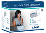 A woman uses the Drive Medical Pacifica Elite Compressor Nebulizer, a compact and portable medical device, with a plastic tube connected to the mouthpiece, ensuring efficient and quiet treatment.