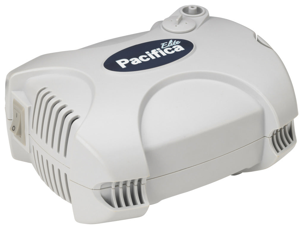 Drive Medical Pacifica Elite Compressor Nebulizer with a blue label, featuring a close-up of its logo and a round hole on the front, highlighting its compact and portable design.