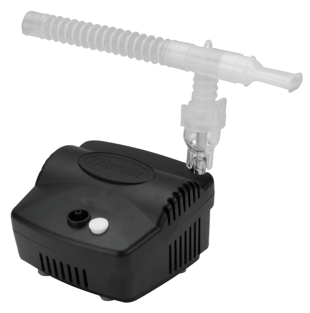 Drive Medical PulmoNeb LT Compressor Nebulizer System, featuring a black compact device with a tube and circular components, designed for efficient and reliable nebulization, compliant with UL 60601-1 standards.