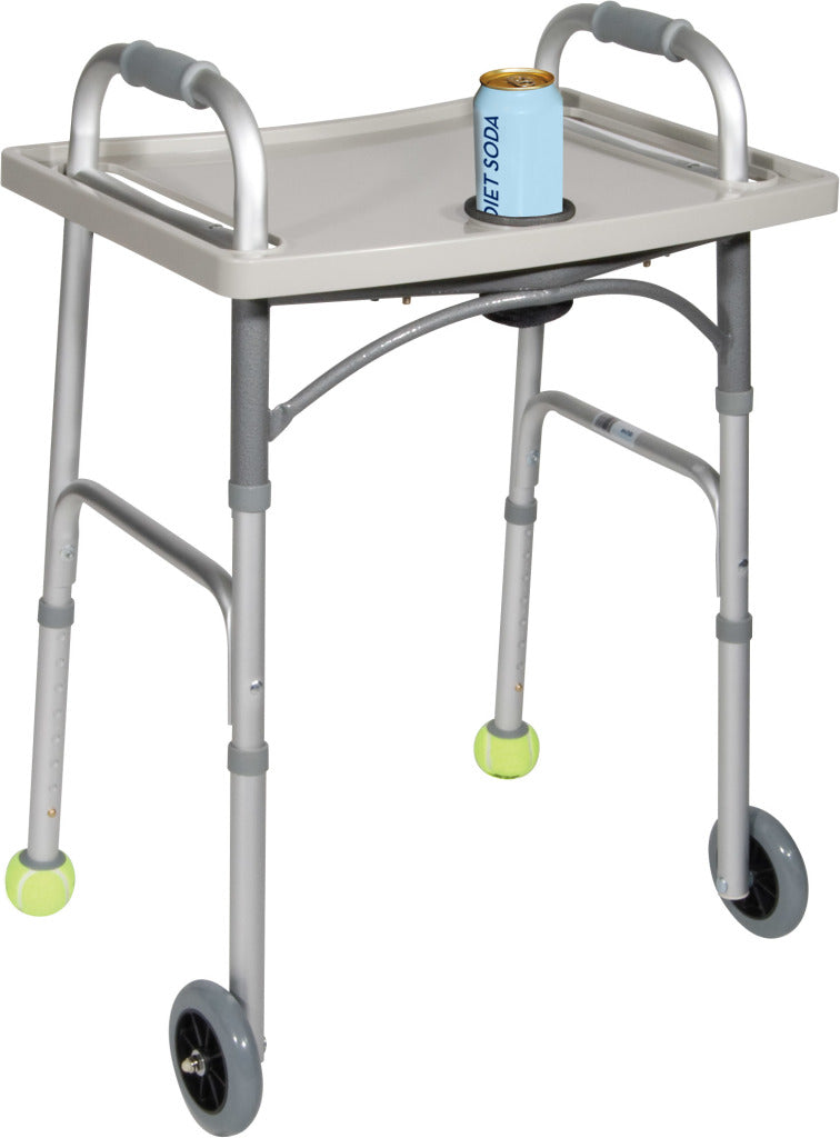 Drive Medical Universal Walker Tray with Cup Holder (10124) fitted on a walker, featuring a secure cup holder designed to hold a drink can, ensuring stability and preventing spills.