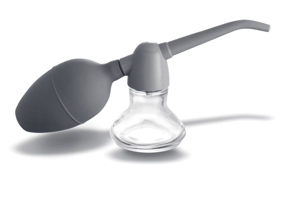 Drive Medical Model 119 Powder Blower, a grey silicone insufflator with a long, curved tip, ideal for applying powder evenly to wounds and body orifices, shown in a close-up view.