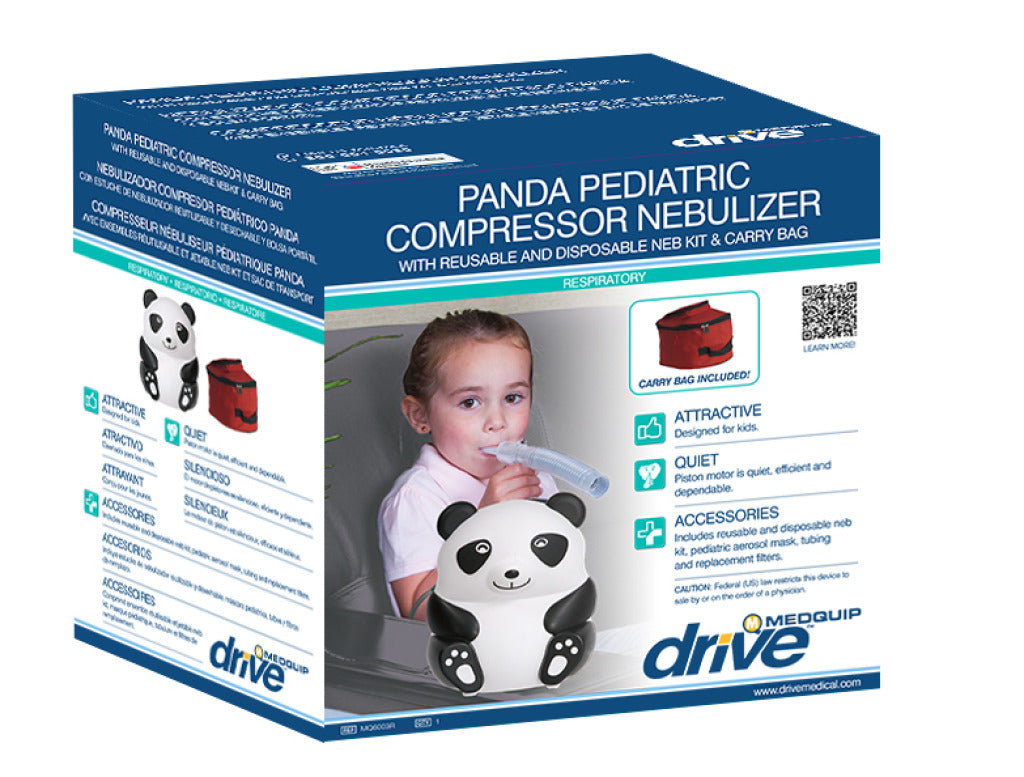 Child using Drive Medical Panda Pediatric Compressor Nebulizer with panda figurine, seated in a chair. Person holds tubing connected to the nebulizer. Red bag with black trim and medical mask visible.