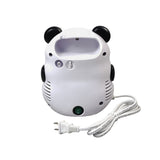 Drive Medical Panda Pediatric Compressor Nebulizer with black ears and green indicator light, shown alongside its tubing and pediatric aerosol mask for child-friendly respiratory therapy.