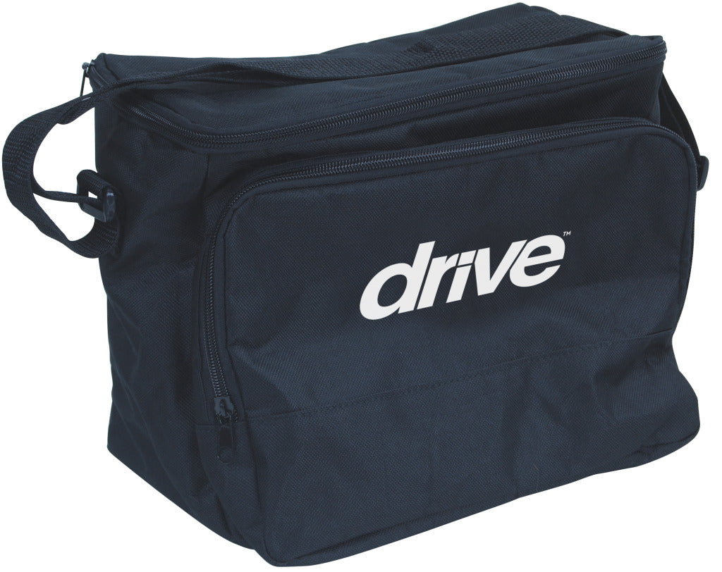 Drive Medical Universal Nebulizer Shoulder Carry Bag, featuring a black nylon exterior, white logo text, adjustable strap, and zippered compartments for storing nebulizers and accessories.