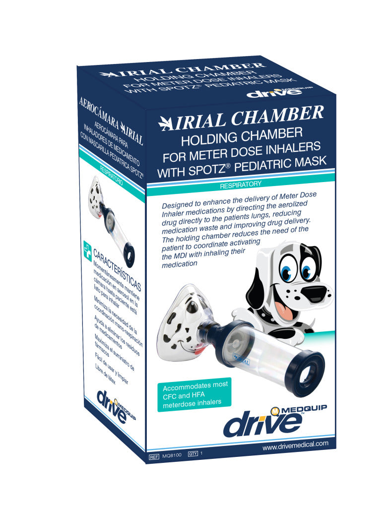 Drive Medical Airial Spotz Pediatric Aerosol Mask with Meter Dose Inhaler Chamber shown in a box, featuring a child-friendly dog-shaped mask and inhaler chamber.