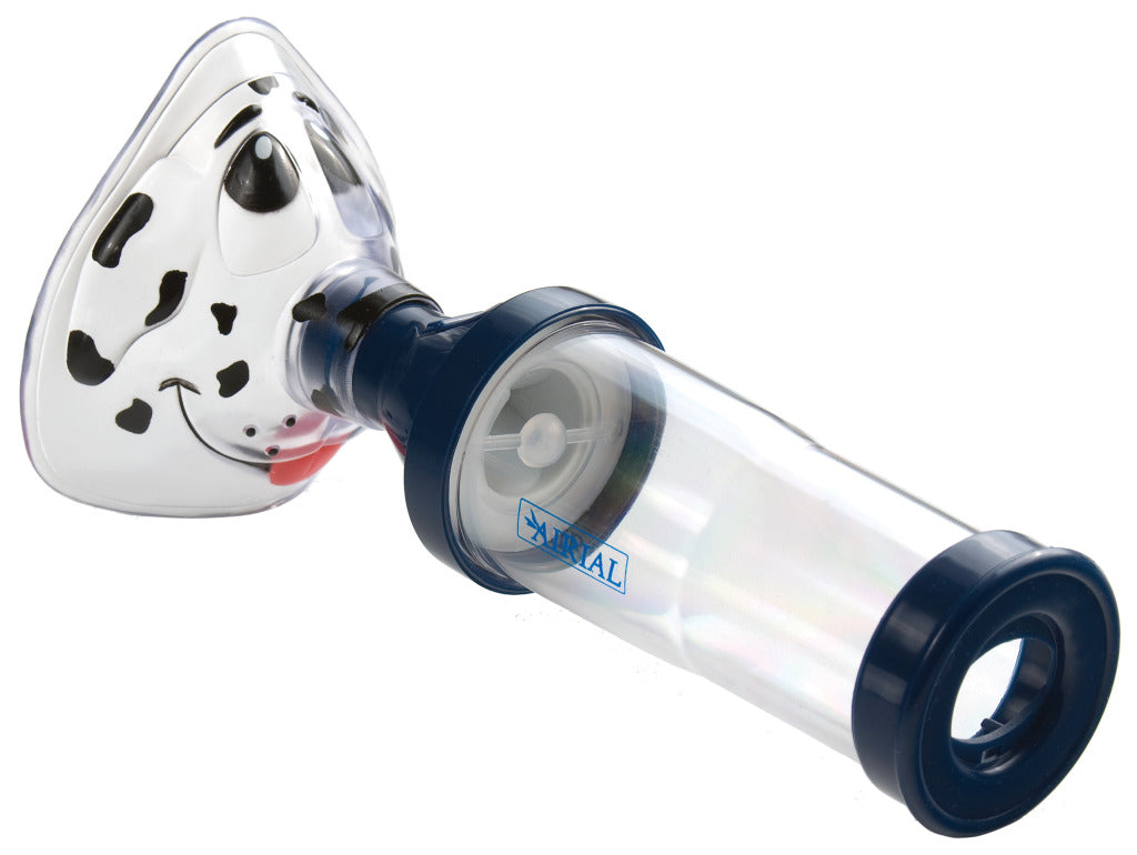 Drive Medical Airial Spotz Pediatric Aerosol Mask with Meter Dose Inhaler Chamber featuring a dog face design, designed for effective medication delivery to children.