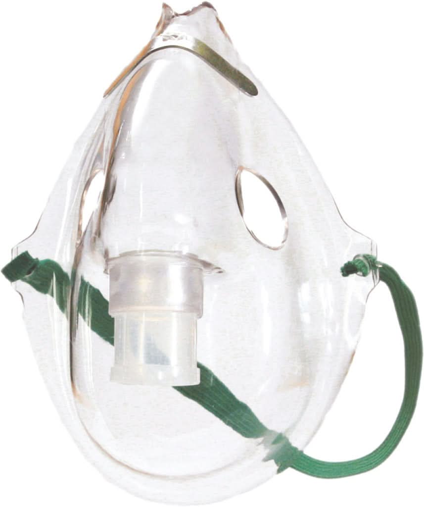 Drive Medical Adult Aerosol Mask (Pack of 50), featuring soft, transparent masks with green adjustable straps, designed for a secure, anatomical fit. No tubing included.