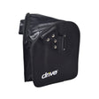 Black Tote Bag for Drive Medical 3-Wheel Rollators, black leather with white text, featuring a close-up of logo and silver rivets. Ideal for carrying daily essentials on rollator frames.