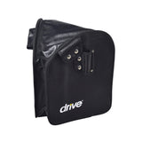 Black Tote Bag for Drive Medical 3-Wheel Rollators, black leather with white text, featuring a close-up of logo and silver rivets. Ideal for carrying daily essentials on rollator frames.