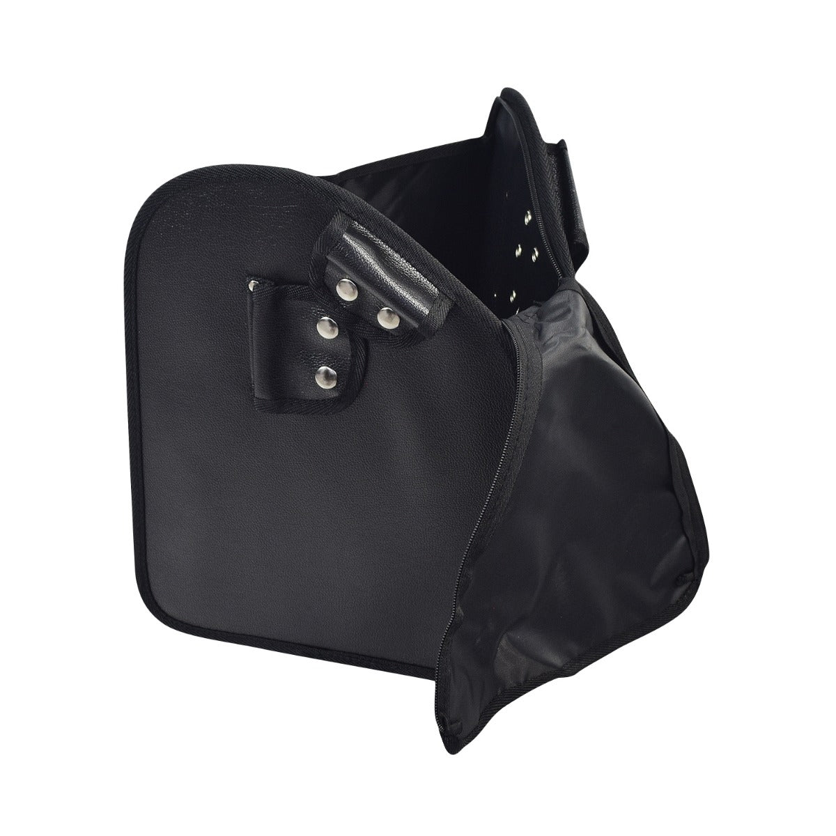 Black Tote Bag for Drive Medical 3-Wheel Rollators (Blemished) featuring a black leather surface with silver rivets and a sturdy strap for easy attachment. Ideal for carrying daily essentials.