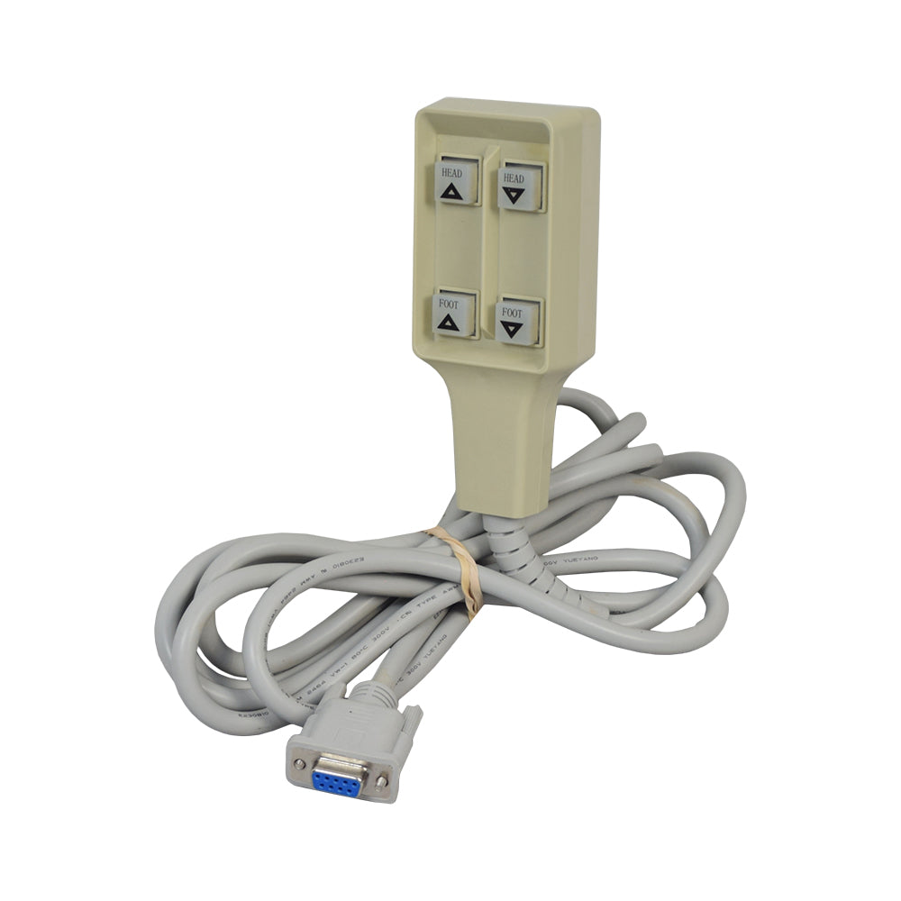 4-Function Low Voltage Hand Control for the Invacare Semi-Electric Bed (5310IVC) featuring a grey cable with a 9-pin connector and four buttons for head and feet adjustments.