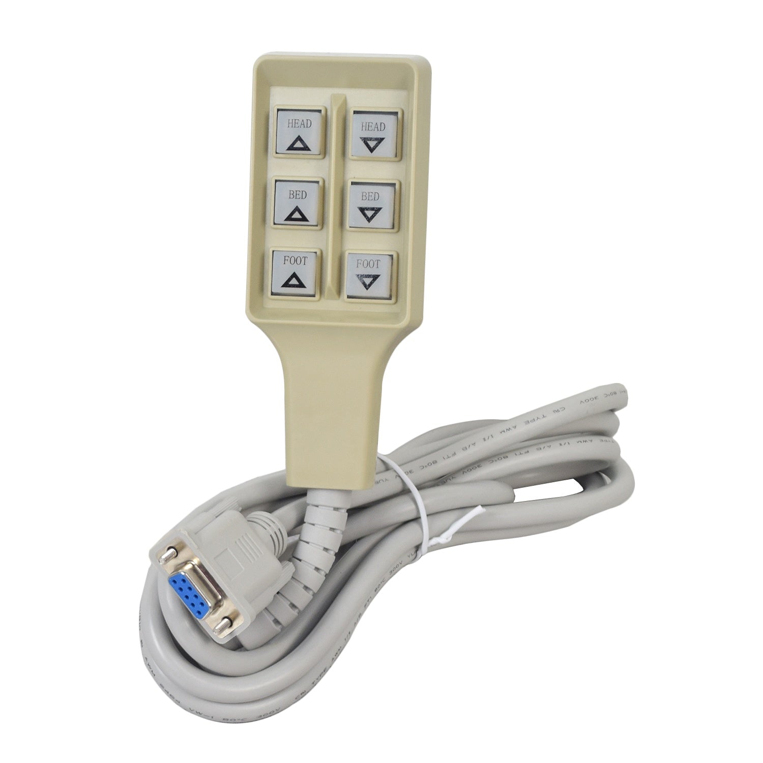 Close-up of the 6-Function Low Voltage Hand Control for the Invacare Full-Electric Bed (5410IVC), highlighting its six-button layout and rectangular screw-on 9-pin connector.