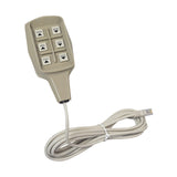 Smith & Davis 6-Function Low Voltage Hand Control for Full Electric Beds, featuring buttons and a cord with a 6-pin phone jack style plug-in connector, designed for head, feet, and elevation adjustments.