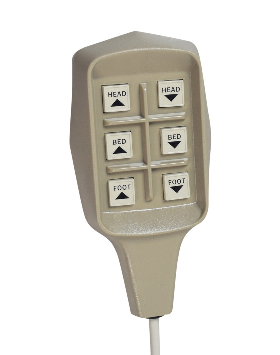 Smith & Davis 6-Function Low Voltage Hand Control for Full Electric Beds, shown close-up with six buttons for head, feet, and elevation adjustments, featuring a 6-pin phone jack style connector.