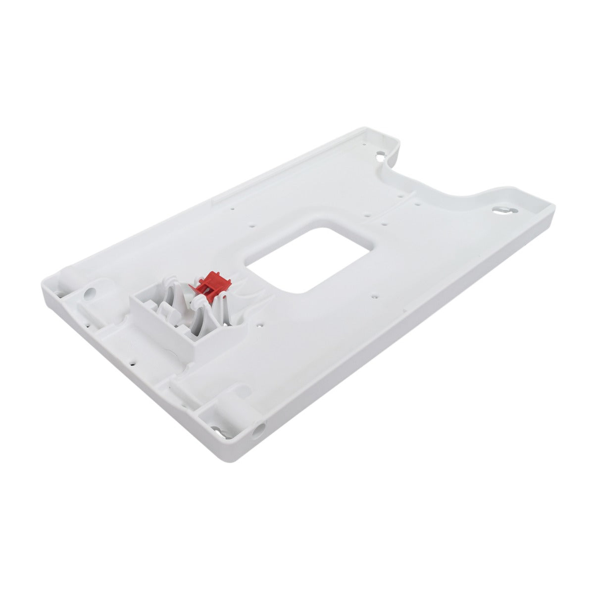 Baseplate for the Drive Medical Bellavita Bath Lift, showcasing a white plastic rectangular design with a central red seat lock, highlighting its durable construction and essential role as a foundation for attachments.