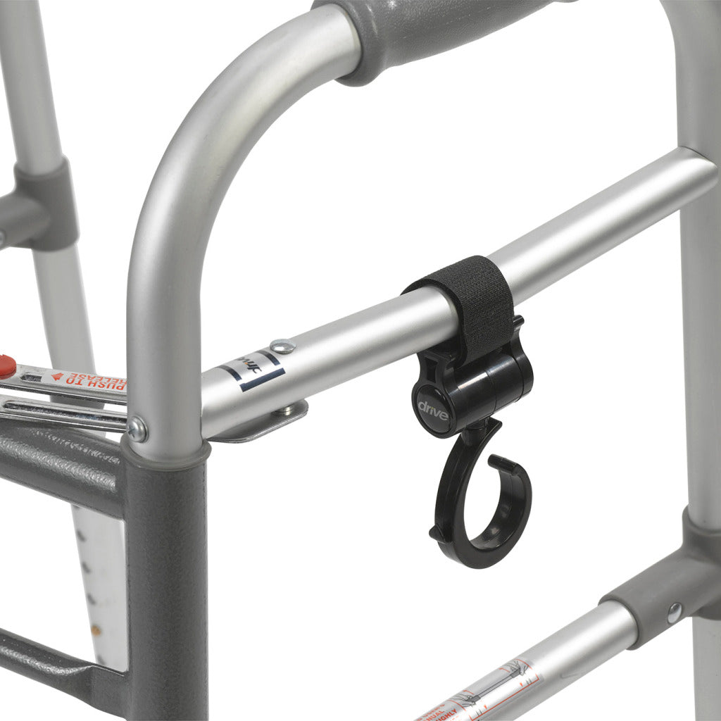 Close-up of Accessory Hooks for Walkers & Rollators (Set of 2), showing durable hooks with a round handle and a non-slip strap, designed to carry essentials on mobility aids.