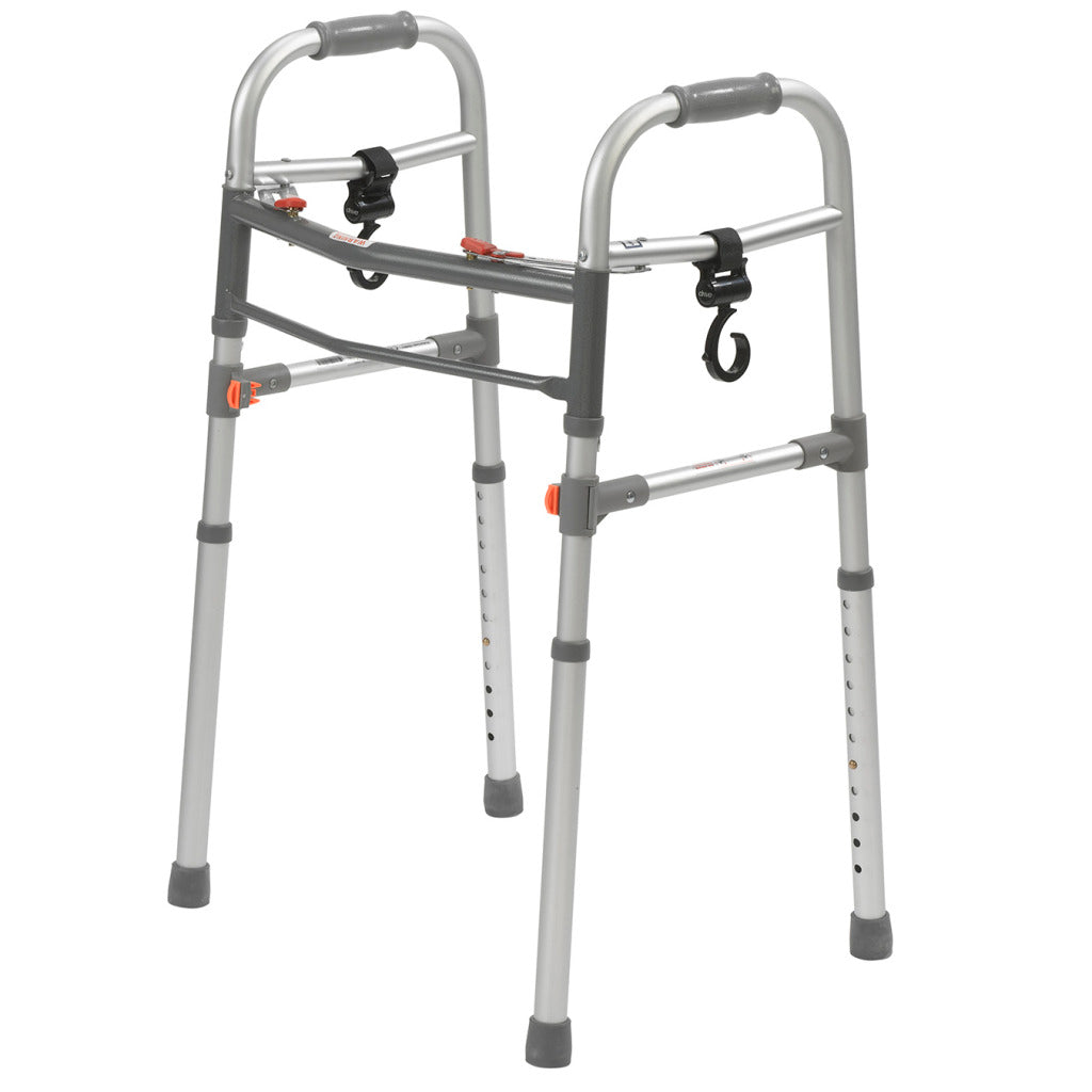 Accessory Hooks for Walkers & Rollators (Set of 2) showing a metal frame with a black strap and grey rubber cap, designed to carry essentials with a 360° swivel feature.