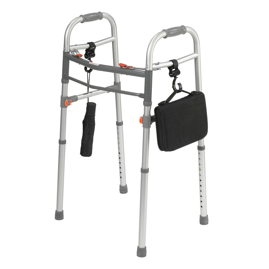 Accessory Hooks for Walkers & Rollators (Set of 2) attached to a walker, featuring a black bag hanging from the hooks, showcasing their utility in carrying essentials.