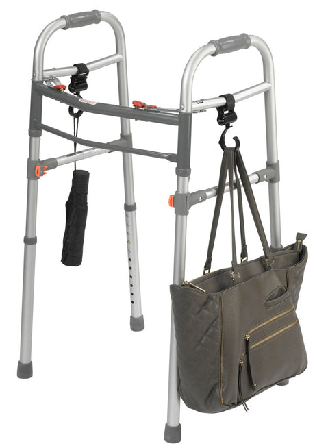 Accessory Hooks for Walkers & Rollators (Set of 2) attached to a walker, showcasing their ability to hold a brown purse securely. Hooks are durable and can swivel 360° for convenience.