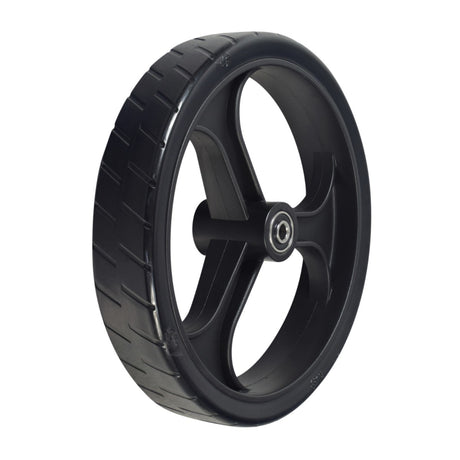 8x1.5” Rear Wheel for Drive Medical Hugo Rollators, featuring a flat-free tire on a 3-spoke hub, with included bearings and bushings for easy installation.