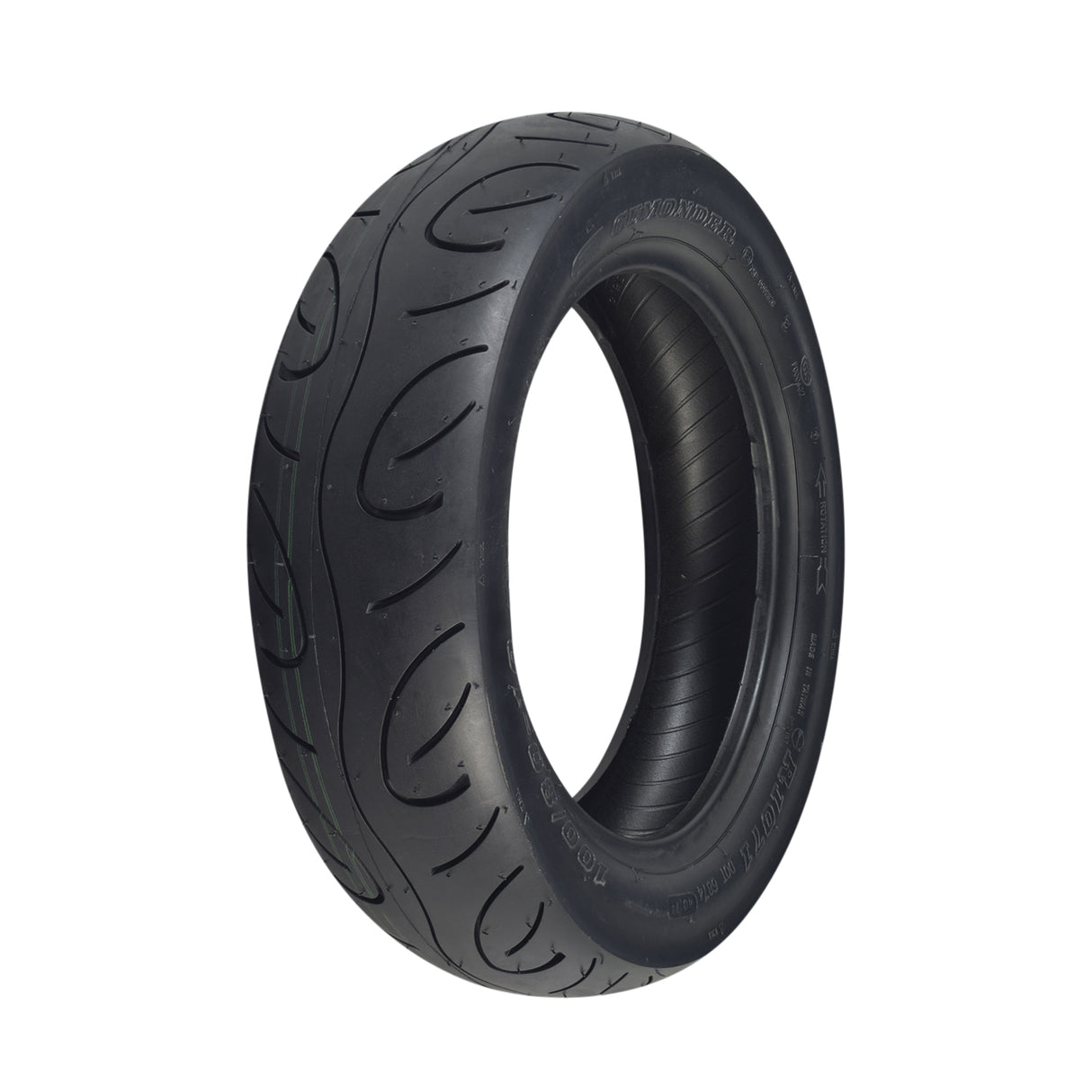 100/80-10 Tubeless Pneumatic Front Tire for Drive Medical King Cobra Mobility Scooter, featuring a circular pattern and curved tread for a smooth ride on hard surfaces.